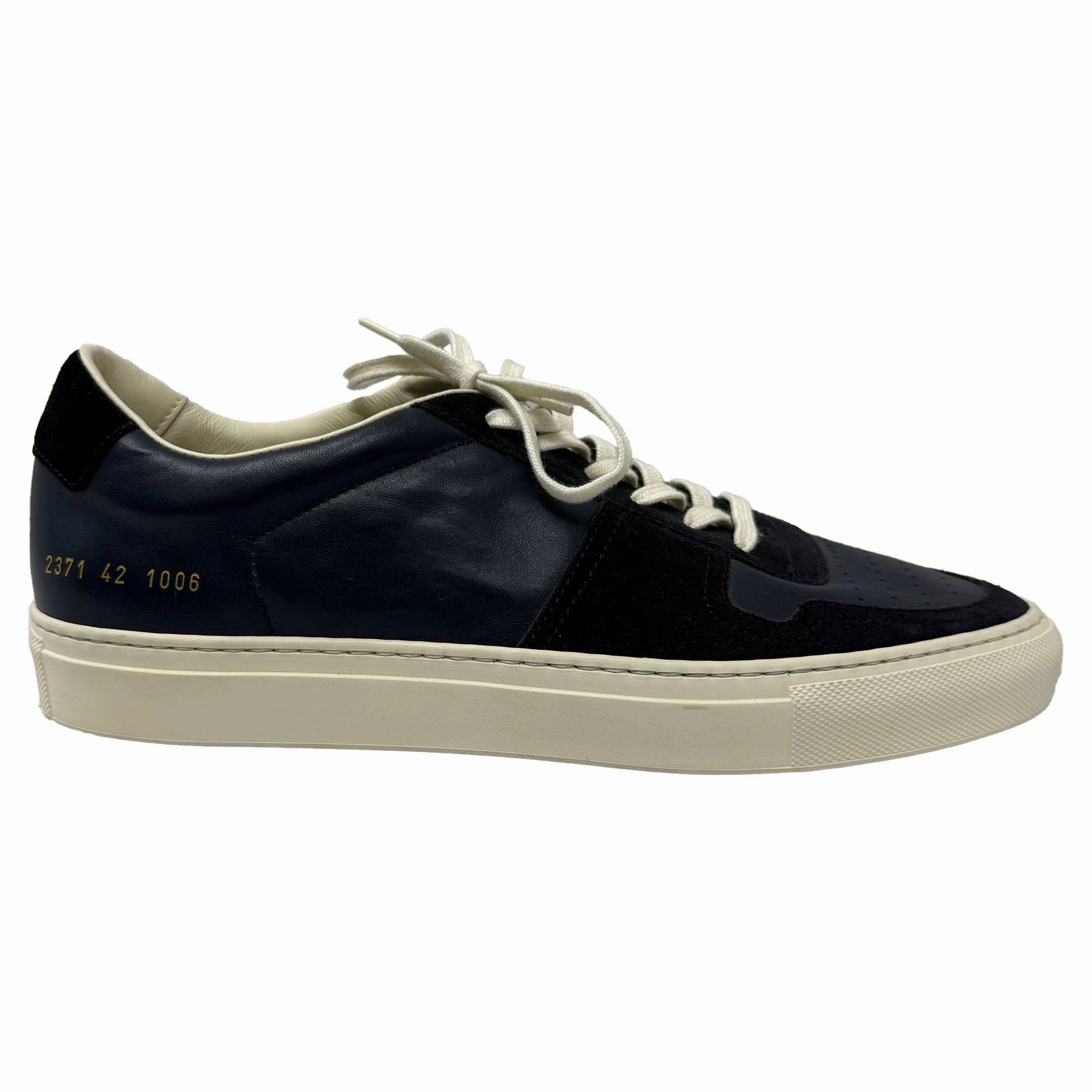 Common Projects Bball Suede-Trimmed Sneakers in Navy Blue Leather 3D - mesh shoes horizontal - design shoes