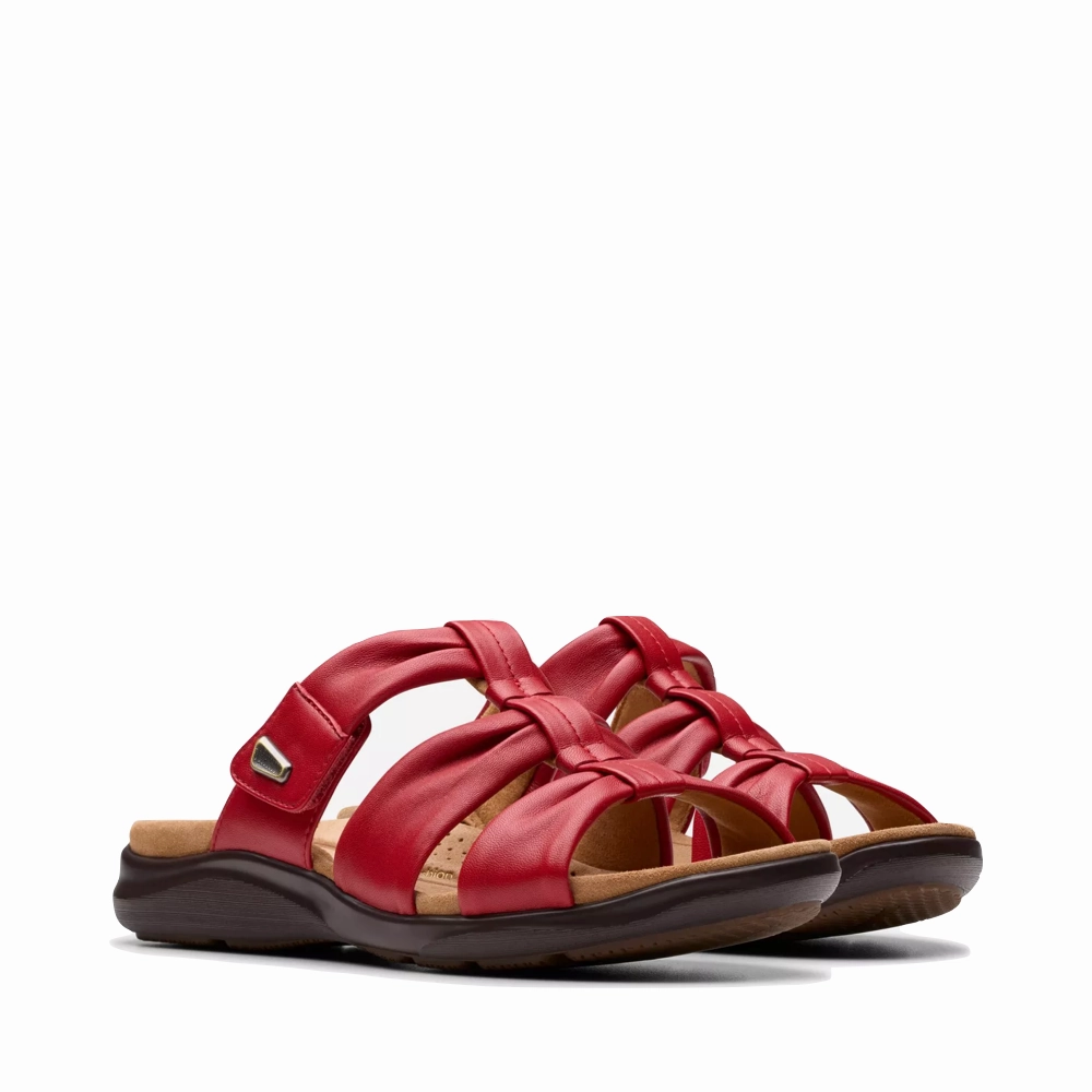 Clarks Women's Kitly Slide Sandal in Cherry Red Soft Sole Adjustable Design