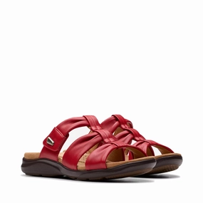 Clarks Women's Kitly Slide Sandal in Cherry Red Soft Sole Adjustable Design