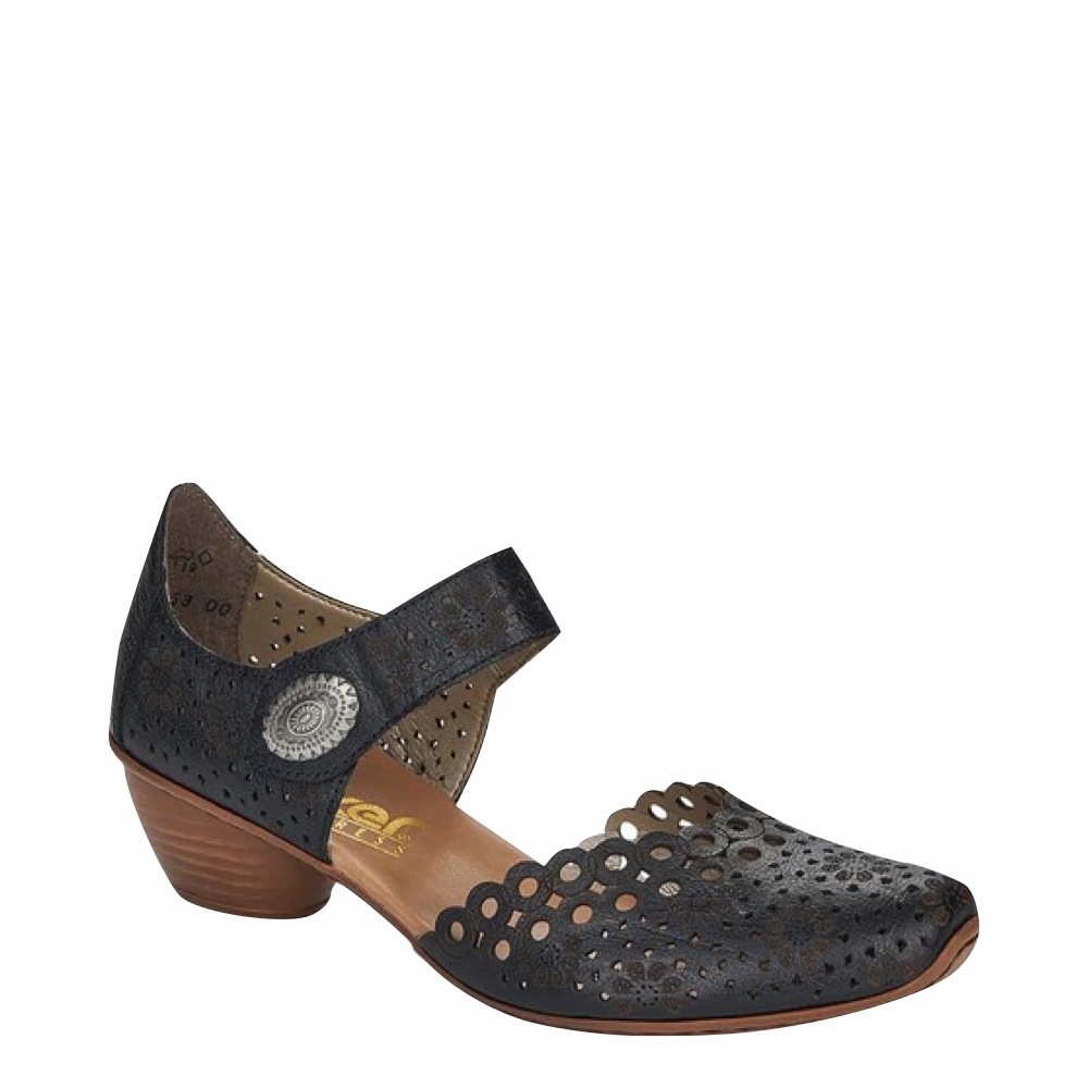 Rieker Women's Mirjam 53 Heeled Mary Jane in Black Walk Friendly