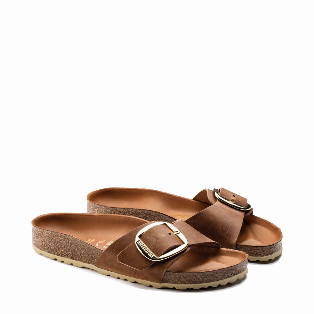 Birkenstock Women's Madrid Big Buckle Oiled Leather Sandal in Cognac Evening Ease Shore Style