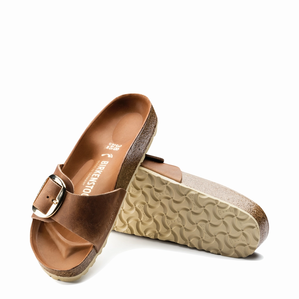 Birkenstock Women's Madrid Big Buckle Oiled Leather Sandal in Cognac Bare Feel