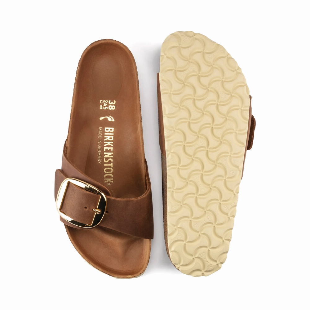 Wrap Tie Shore Play Birkenstock Women's Madrid Big Buckle Oiled Leather Sandal in Cognac