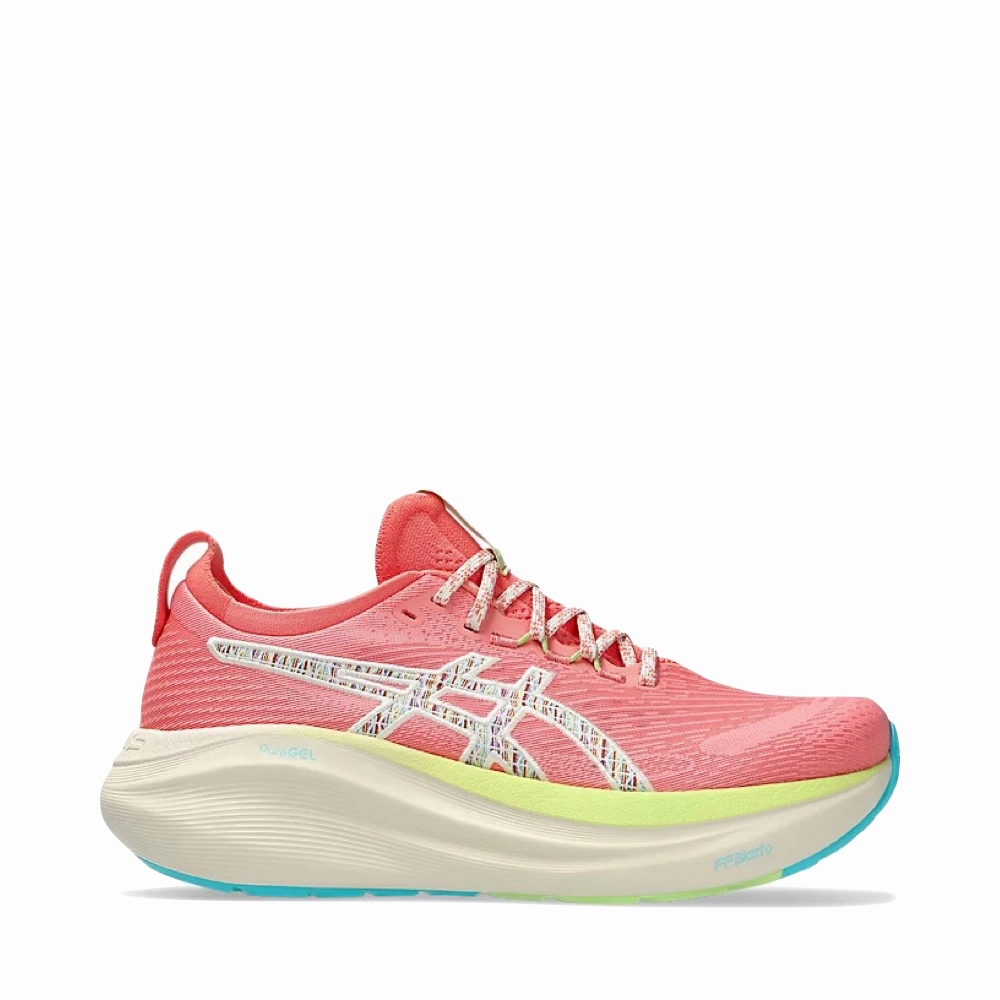 Walking Comfort Casual Outfit Asics Women's Gel-Nimbus 27 TR Sneaker in Nature Bathing/Guava
