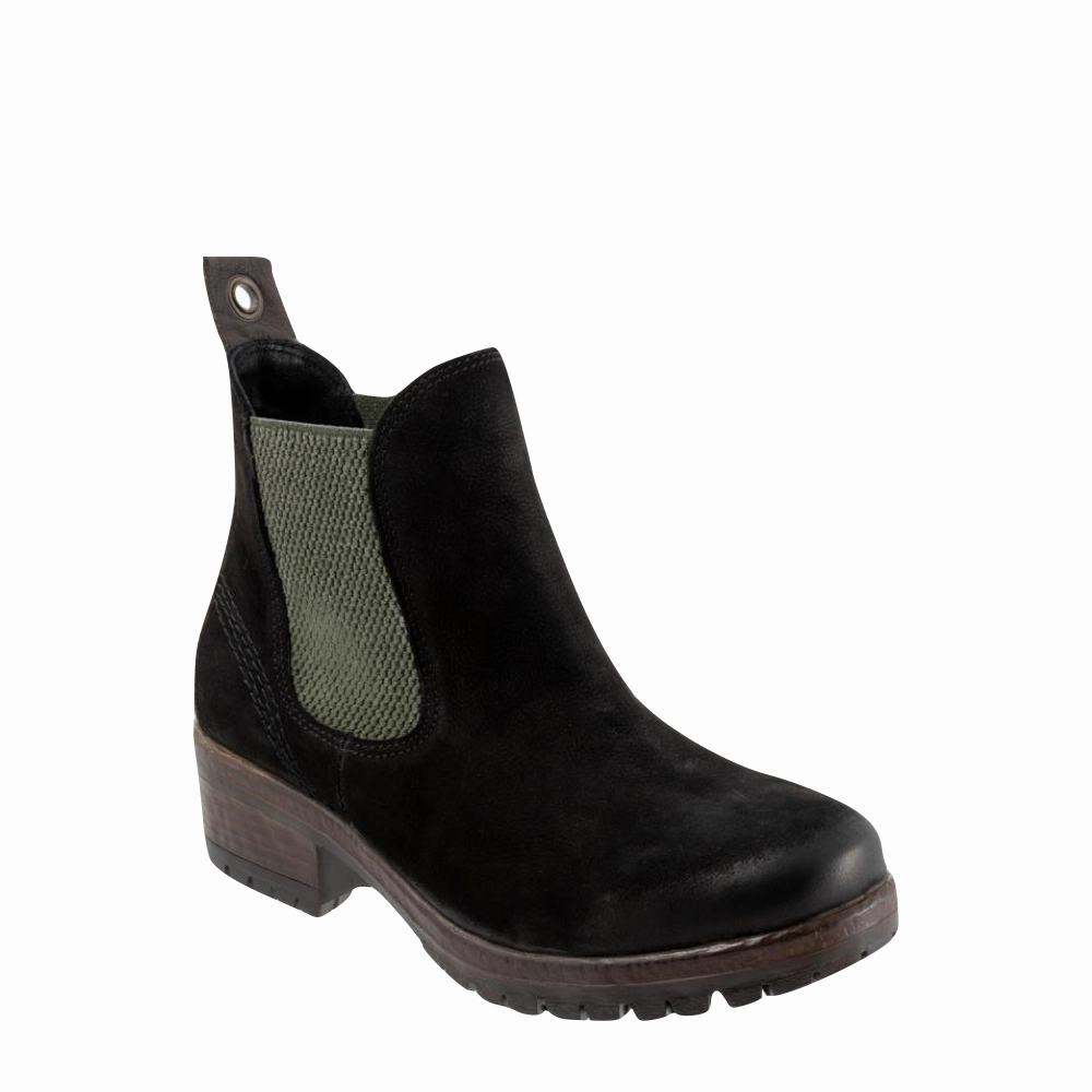 Retro Tone Bueno Women's Florida Leather Pull On Heeled Chelsea Boot in Black Nubuck/Khaki