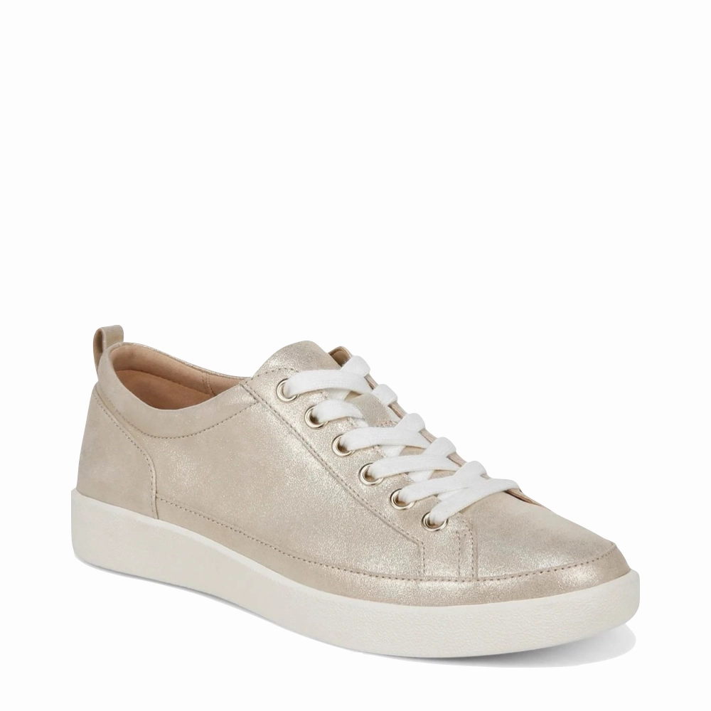 Vionic Women's Winny Leather Tie Sneaker in Gold Foot Softness