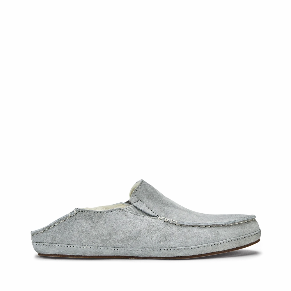 OluKai Women's Nohea Shearling Lined Slipper in Pale Grey Reflective details Comfortable for trail running
