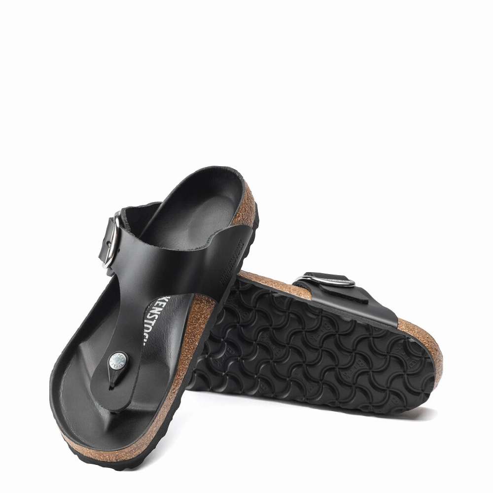 Birkenstock Women's Gizeh Oiled Leather Big Buckle Sandal in Black Cushioned Straps Arch Ease