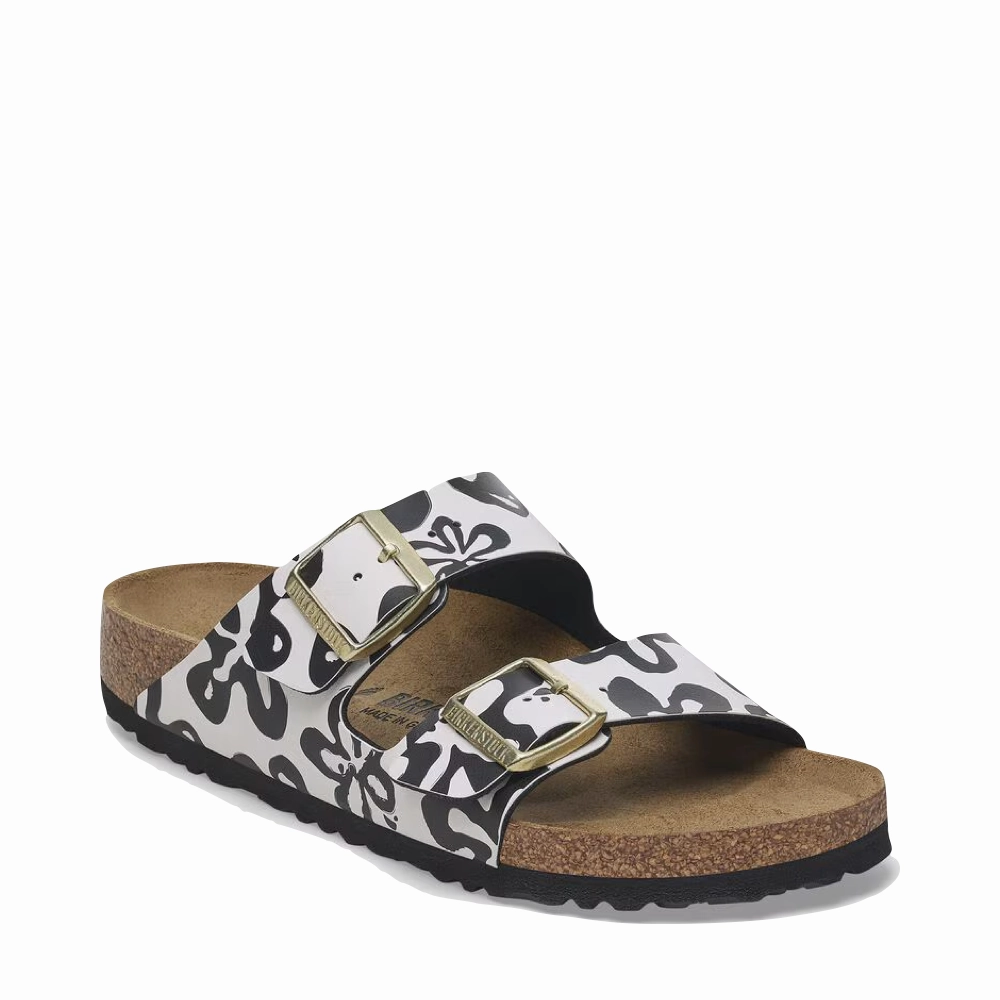 Birkenstock Women's Arizona Birko-Flor Sandal in Blooms White/Black Relaxed Walking Arch support
