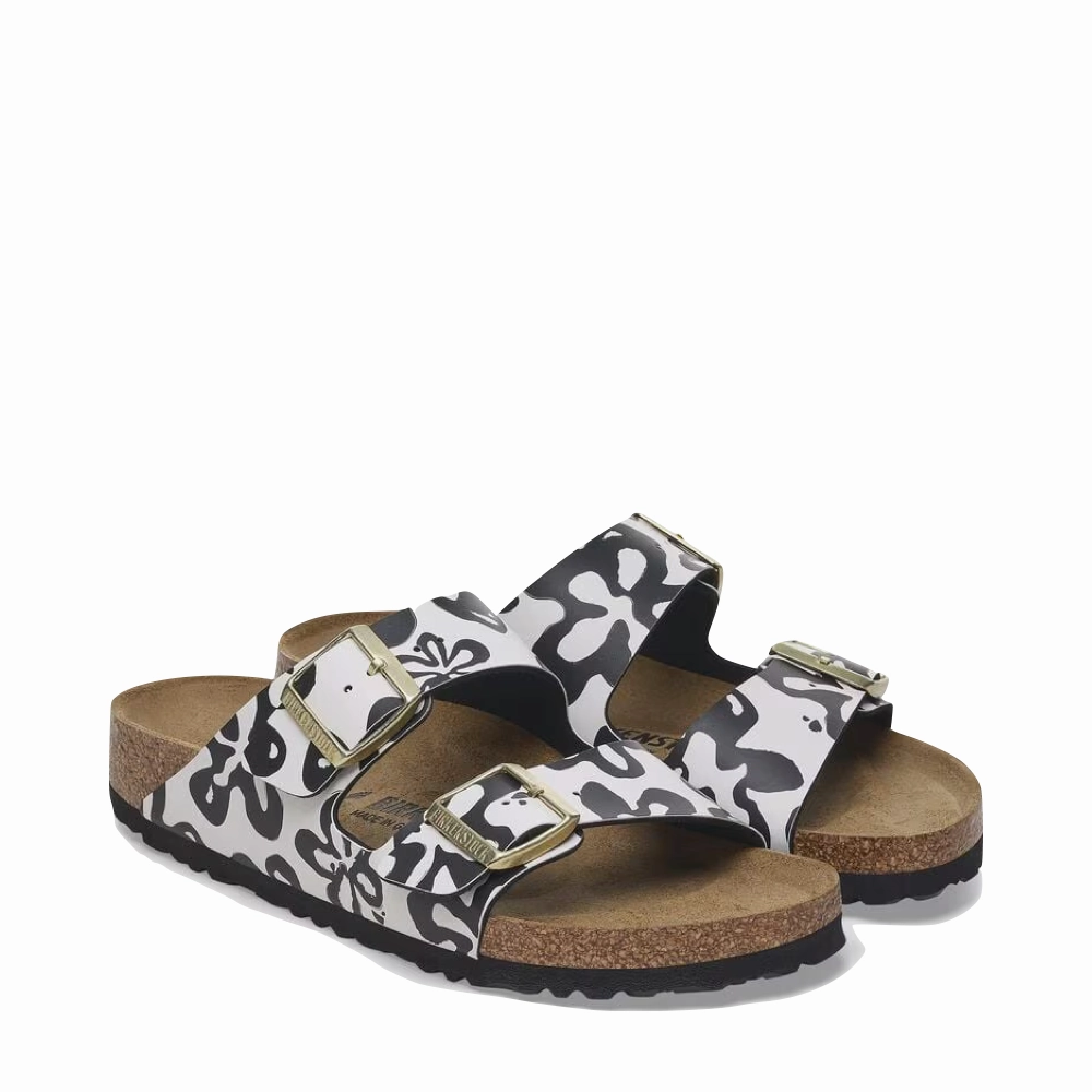 Total Ease Soft Cushioning Shoes Birkenstock Women's Arizona Birko-Flor Sandal in Blooms White/Black