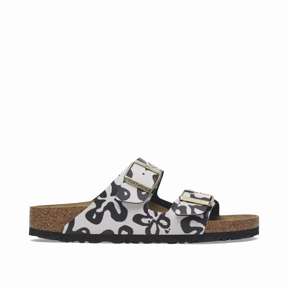 Birkenstock Women's Arizona Birko-Flor Sandal in Blooms White/Black Balanced Design Floral Joy