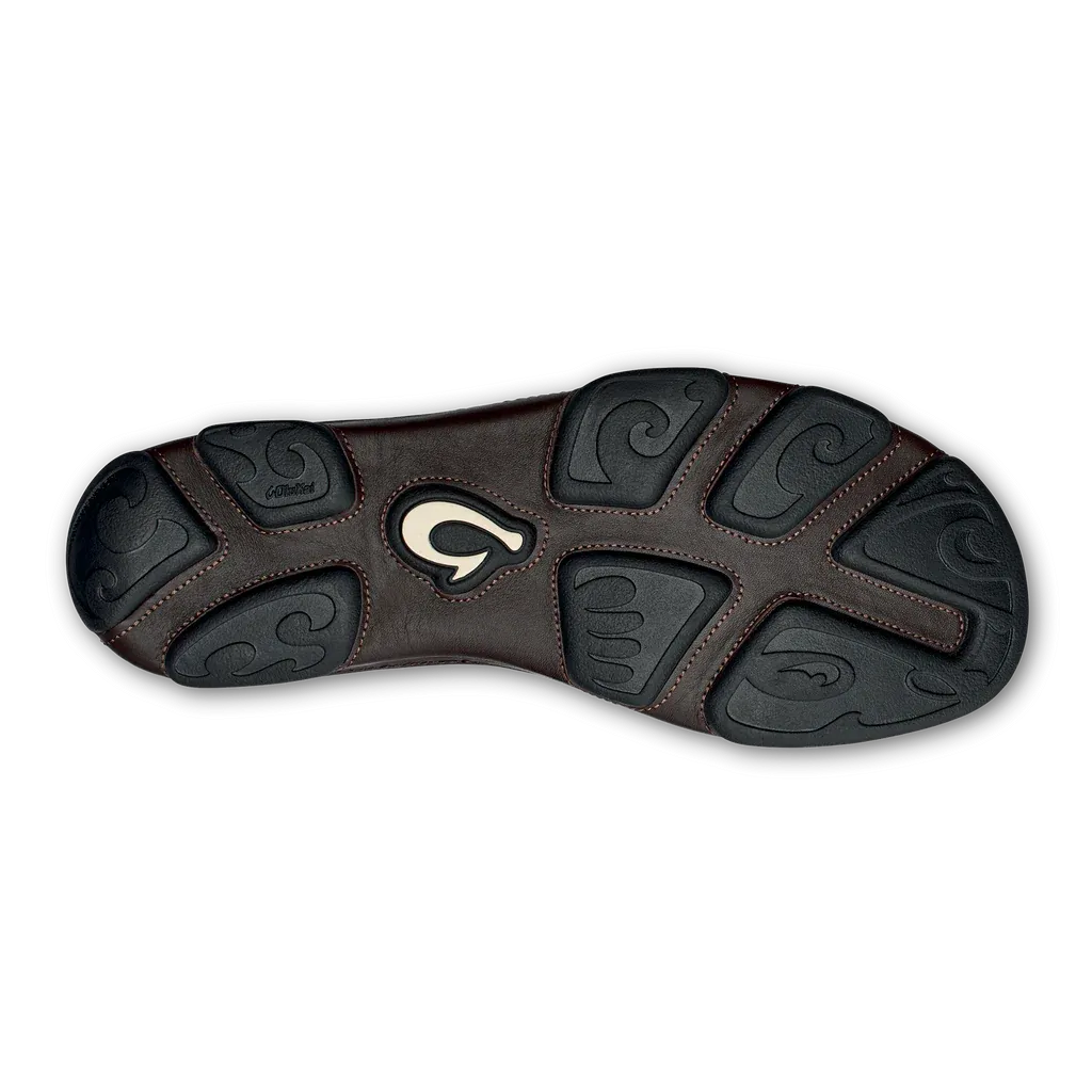 OluKai Men's Moloa Moc Leather Slip On Shoes in Dark Wood Brown Neutral Wear Indoor Comfort