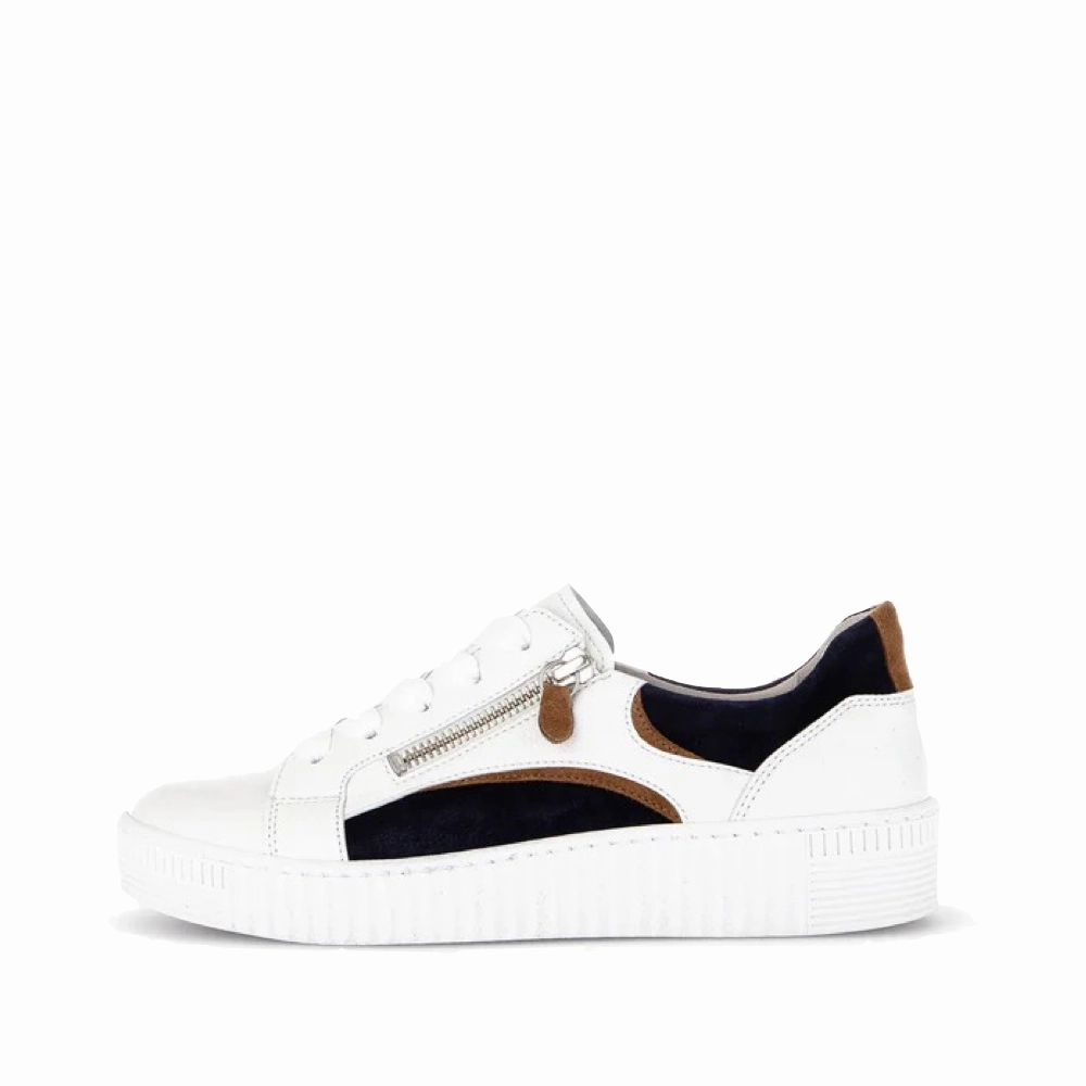 Anti Abrasion Gabor Women's Double Zip Tie Sneaker in Weiss/Marine/Lion White/Navy/Tan