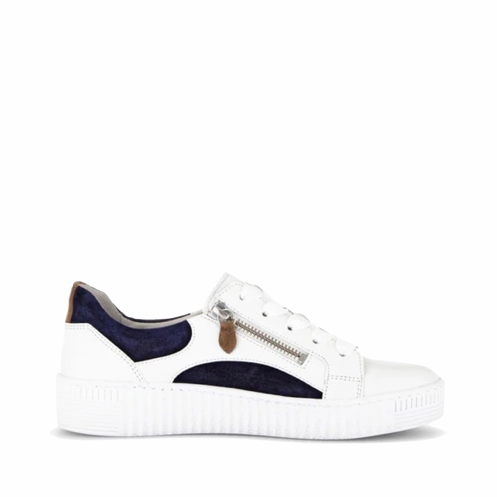 Gabor Women's Double Zip Tie Sneaker in Weiss/Marine/Lion White/Navy/Tan Walk Gear Round Toe