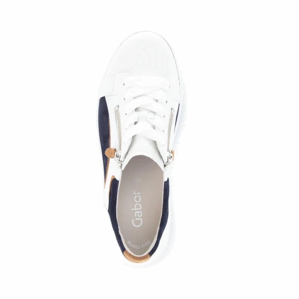 Urban Function Comfortable Straps Gabor Women's Double Zip Tie Sneaker in Weiss/Marine/Lion White/Navy/Tan