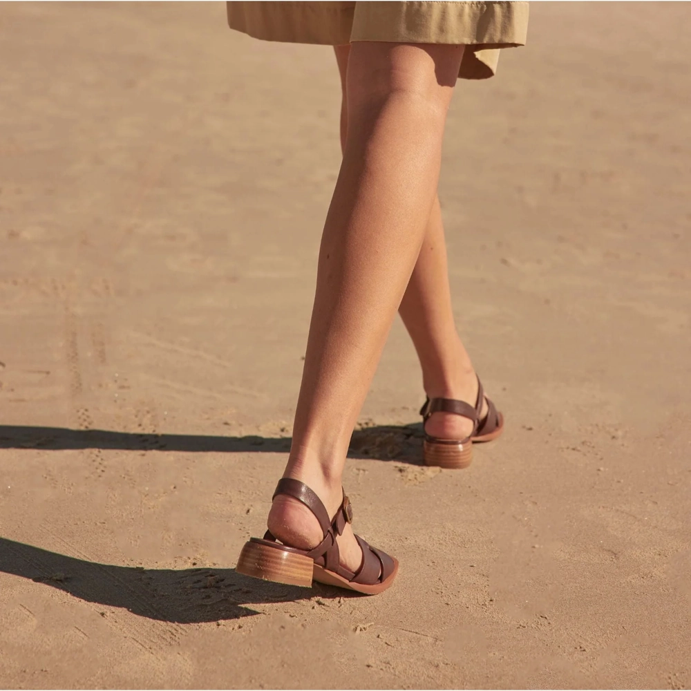 Premium Leather Cross Office EOS Women's Tega Heeled Sandal in Chestnut