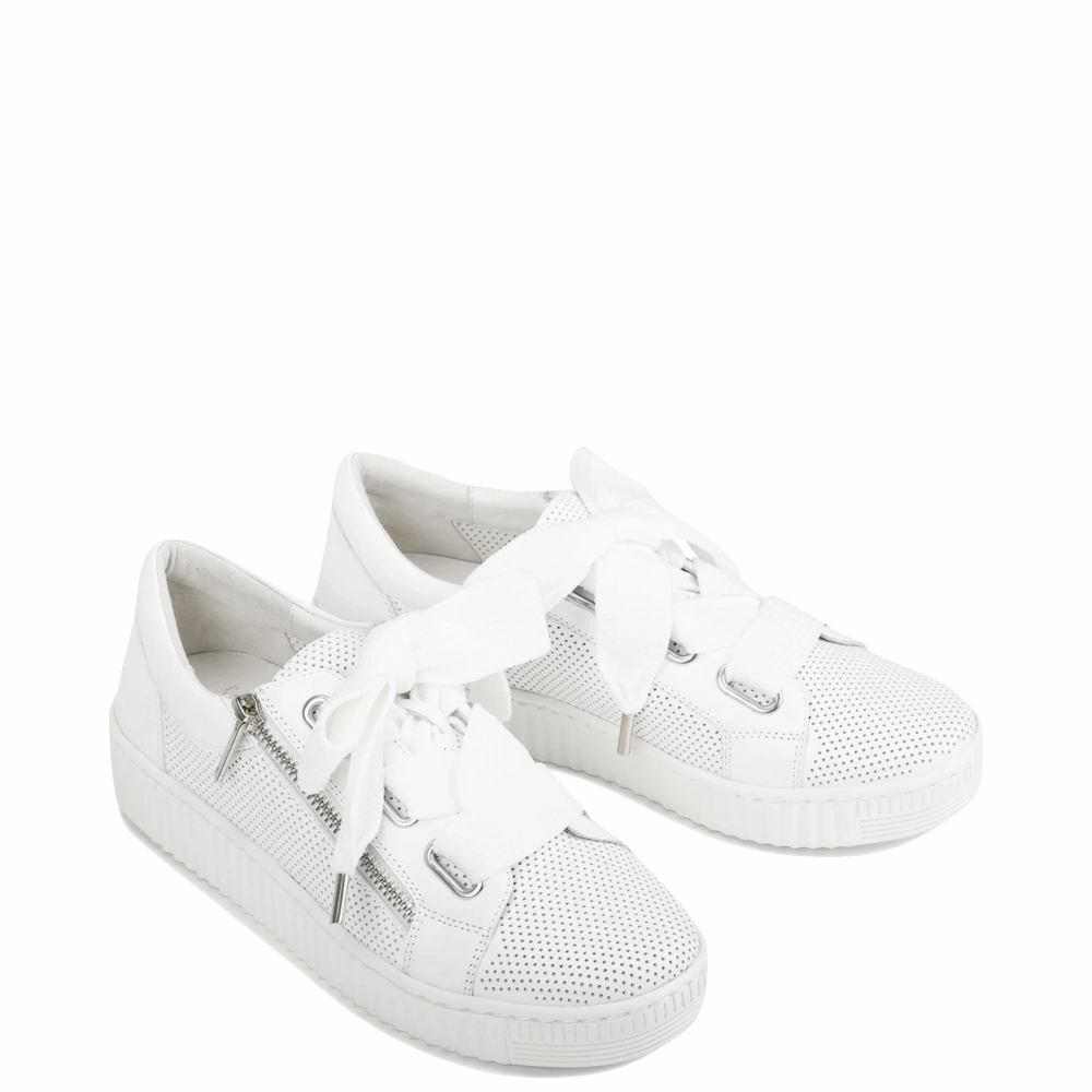 EOS Women's Jovi Luxe Perf Leather Tie Sneaker in White Reinforced heel