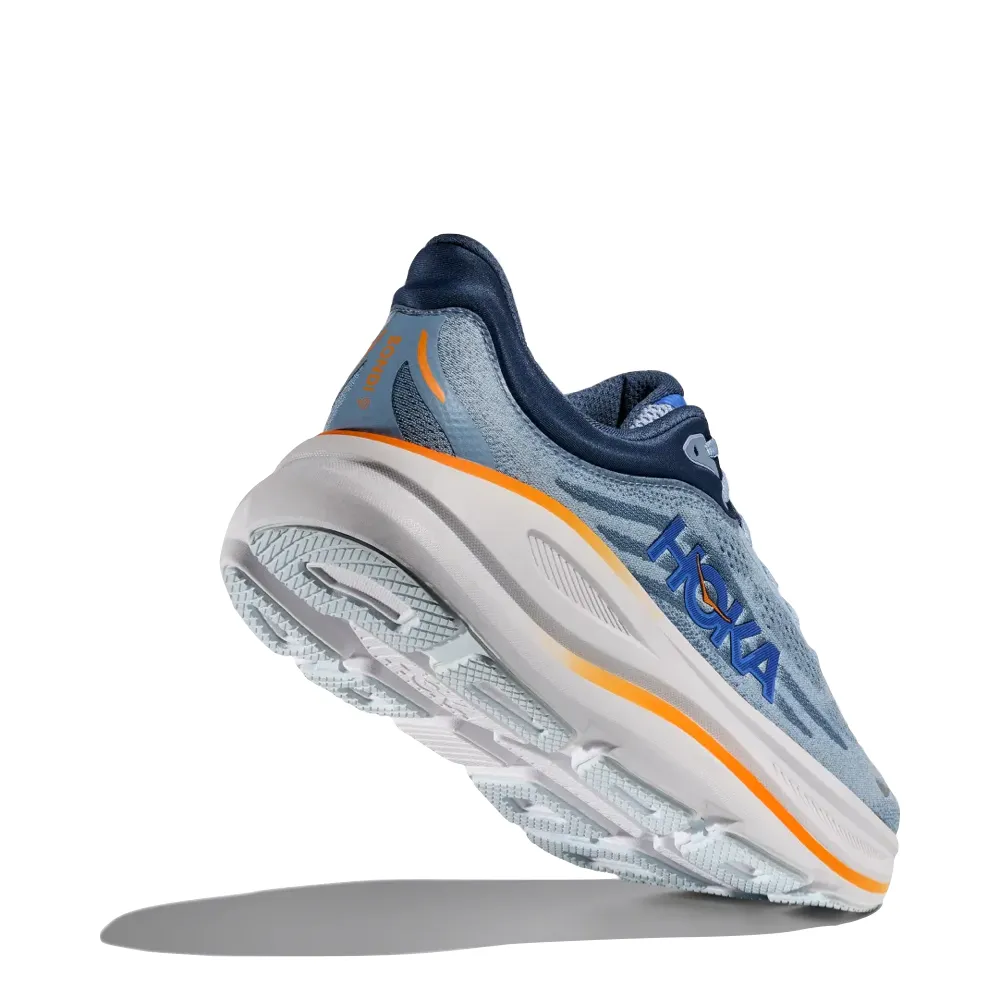 Hoka Men's Bondi 9 Sneaker in Drizzle/Downpour Clean Touch Reinforced   toe