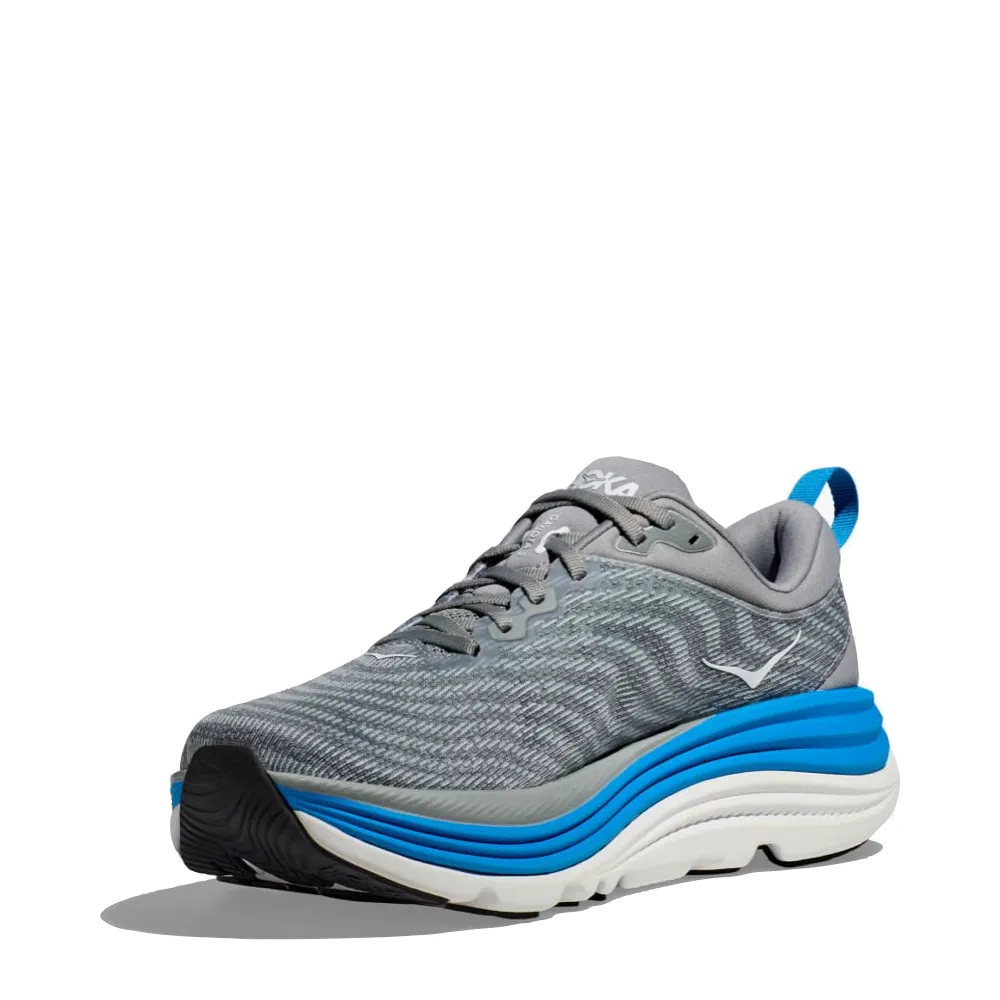 Hoka Men's Gaviota 5 Sneaker in Limestone/Diva Blue endurance training shoe fitness smooth ride shoe experience
