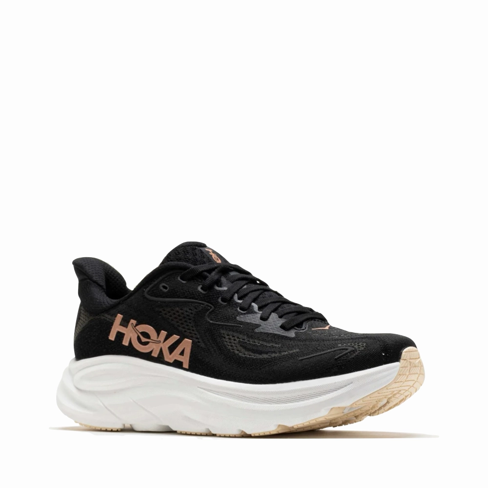 Hoka Women's Clifton 10 Sneaker in Black/Rose Gold chic aesthetic Practical Walk