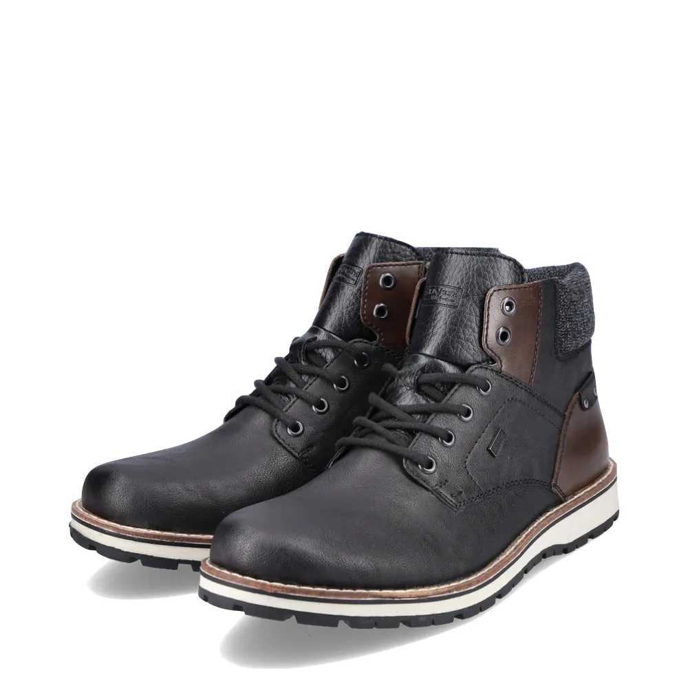 Rieker Men's Ronnie 34 Warm Lined Waterproof Boot in Black/Brown Step Relief Low Top Design