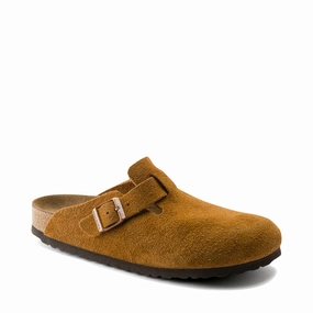Soft Step Design Birkenstock Women's Boston Suede Leather Soft Footbed Clog in Mink Brown