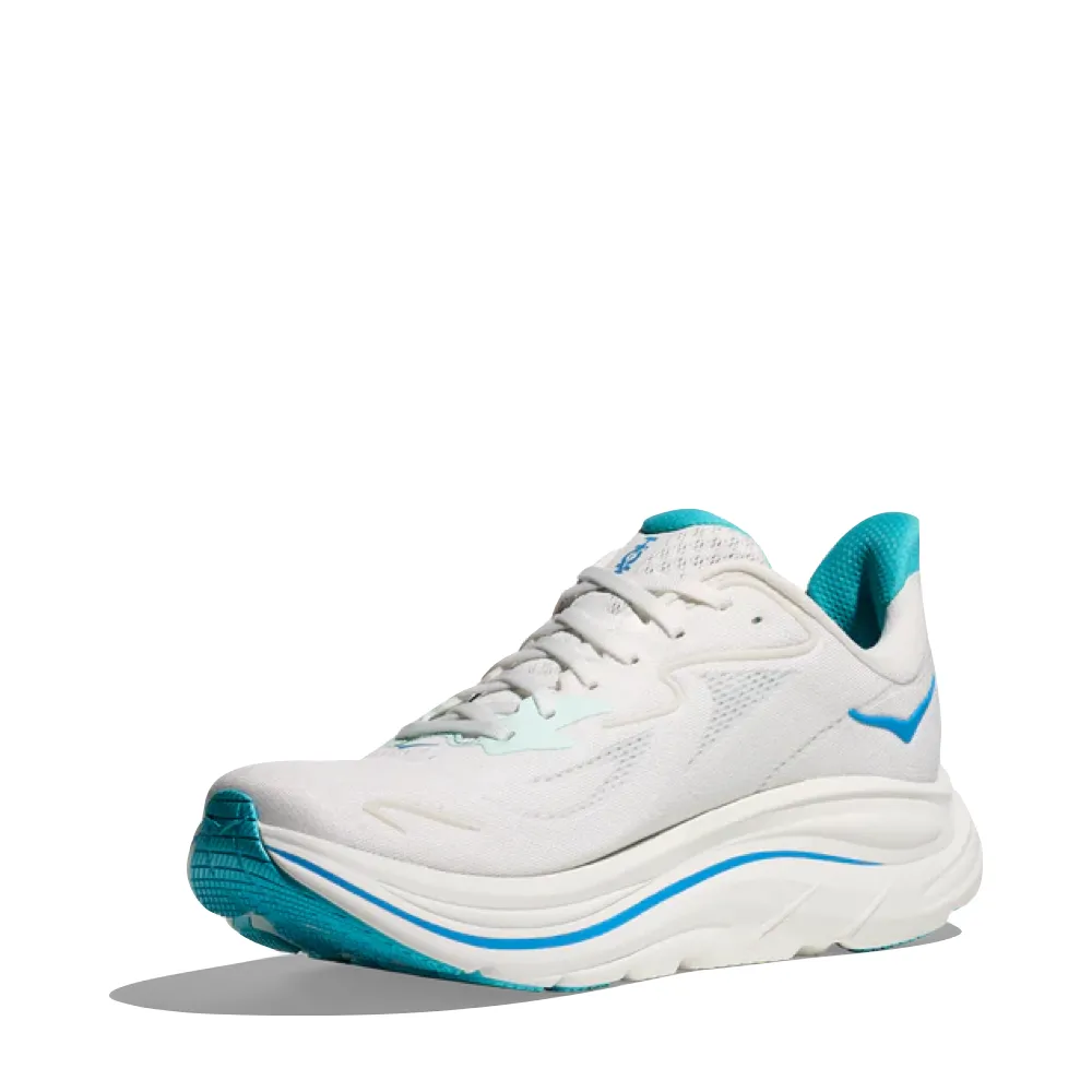 running in a 20K shoes Hoka Men's Clifton 10 Sneaker in White/Skyward Blue