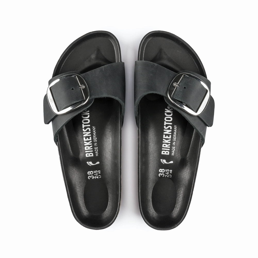 Soft Leather Flex Motion Birkenstock Women's Madrid Big Buckle Oiled Leather Sandal in Black