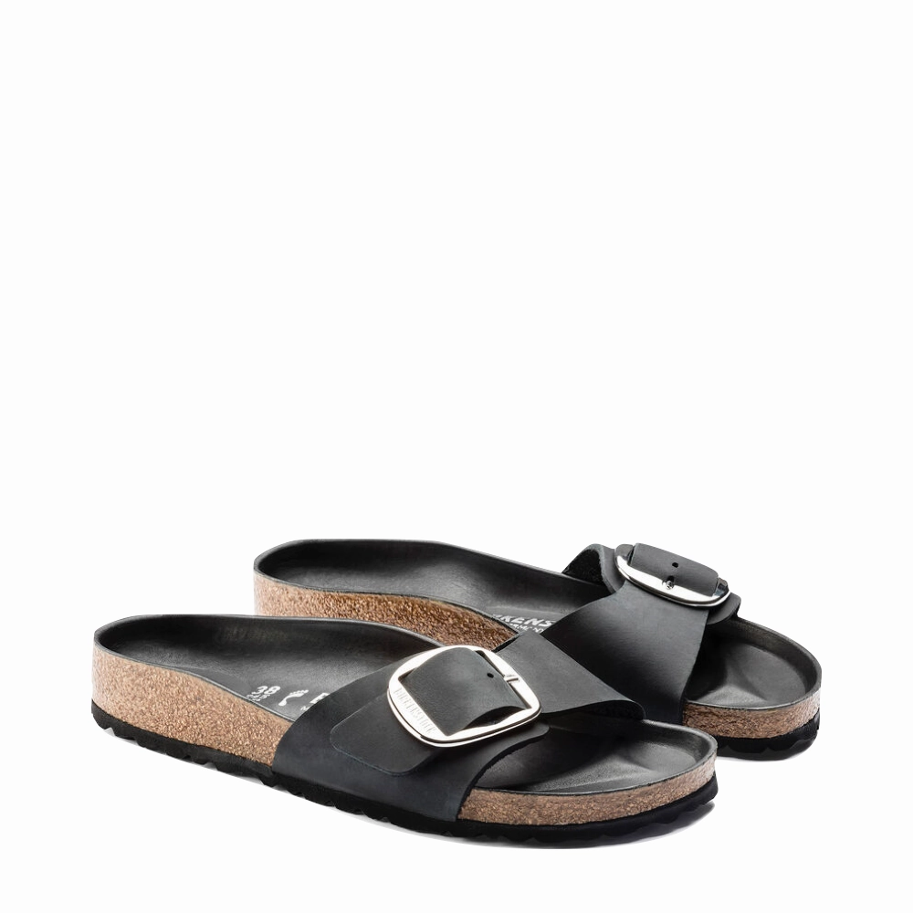 Birkenstock Women's Madrid Big Buckle Oiled Leather Sandal in Black Eva Midsole