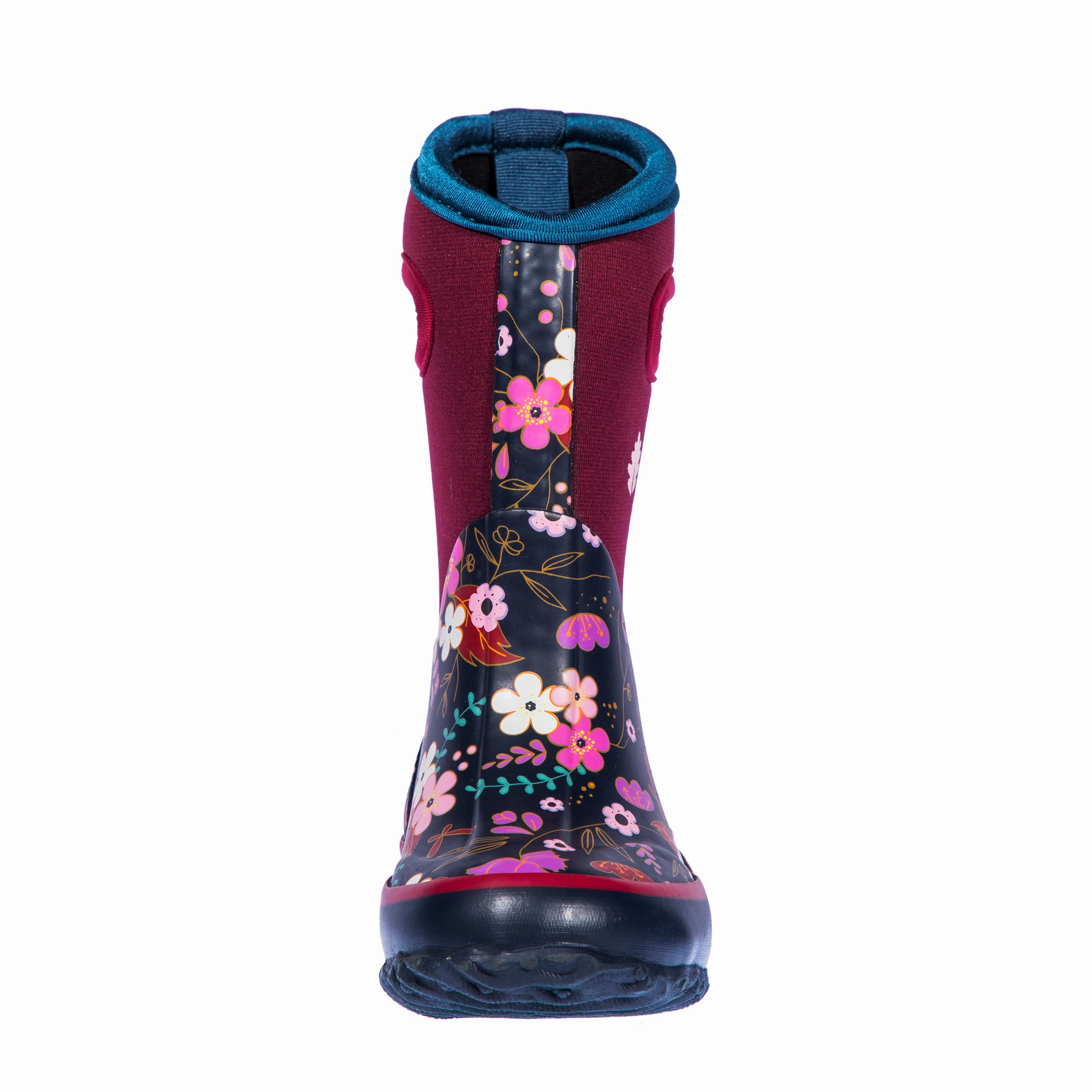 Midnight Floral Neoprene Rain/Snow Boots Open Back Heeled Sandals Pink High Heels