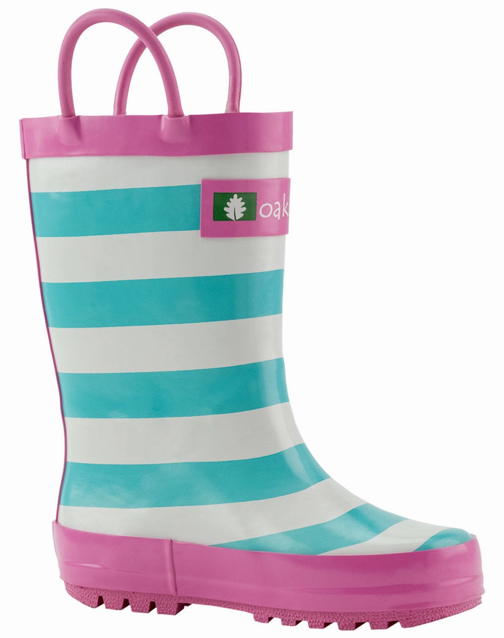 Mint, White & Pink Loop Handle Rubber Rain Boots Functional Fit