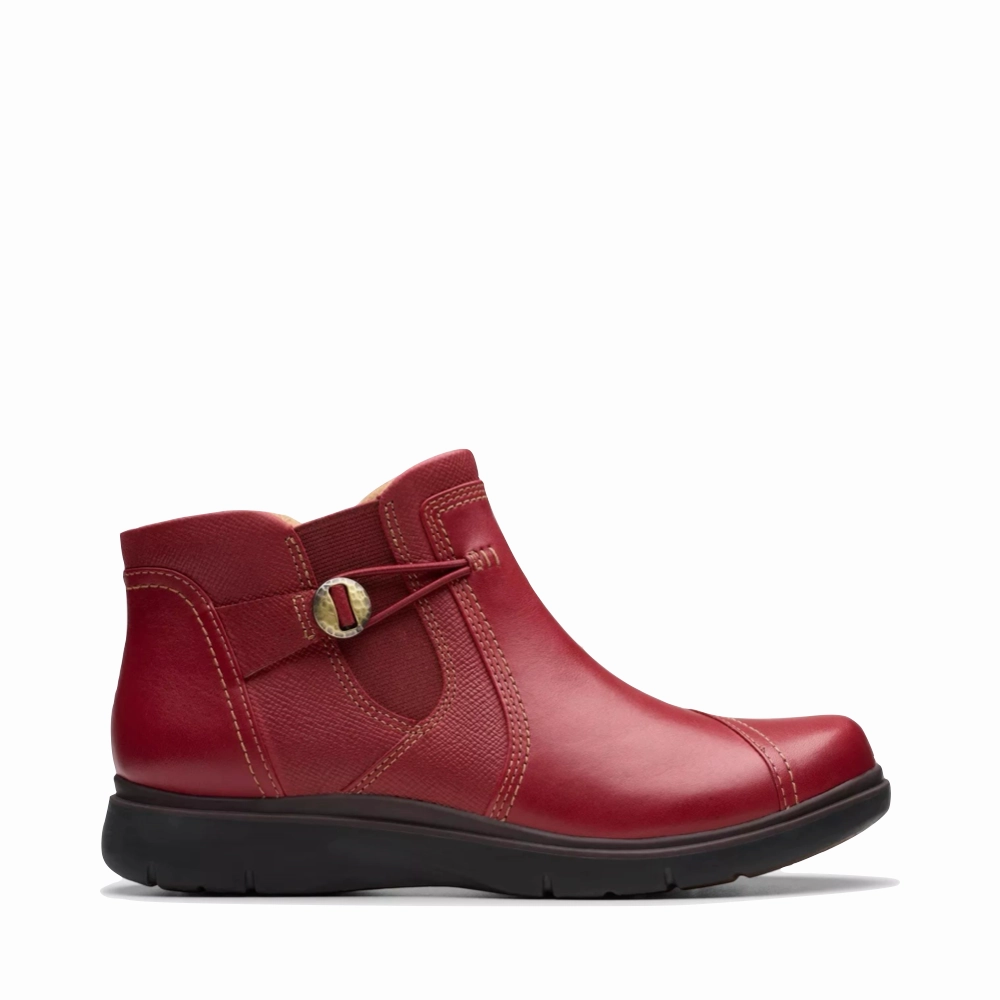 Clarks Women's Certina Joy Leather Side Zip Ankle Boot in Red Clean Trim Professional Event