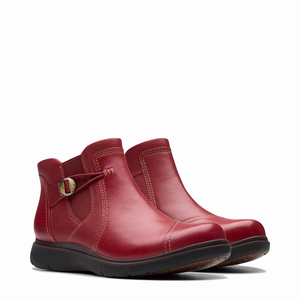 Evening Gala Street Edge Clarks Women's Certina Joy Leather Side Zip Ankle Boot in Red