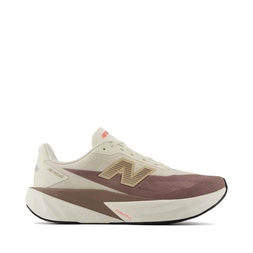 New Balance Men's FuelCell Rebel v5 Sneaker in Angora with Earth Shadow and Sea Salt breathable mesh shoe aspect