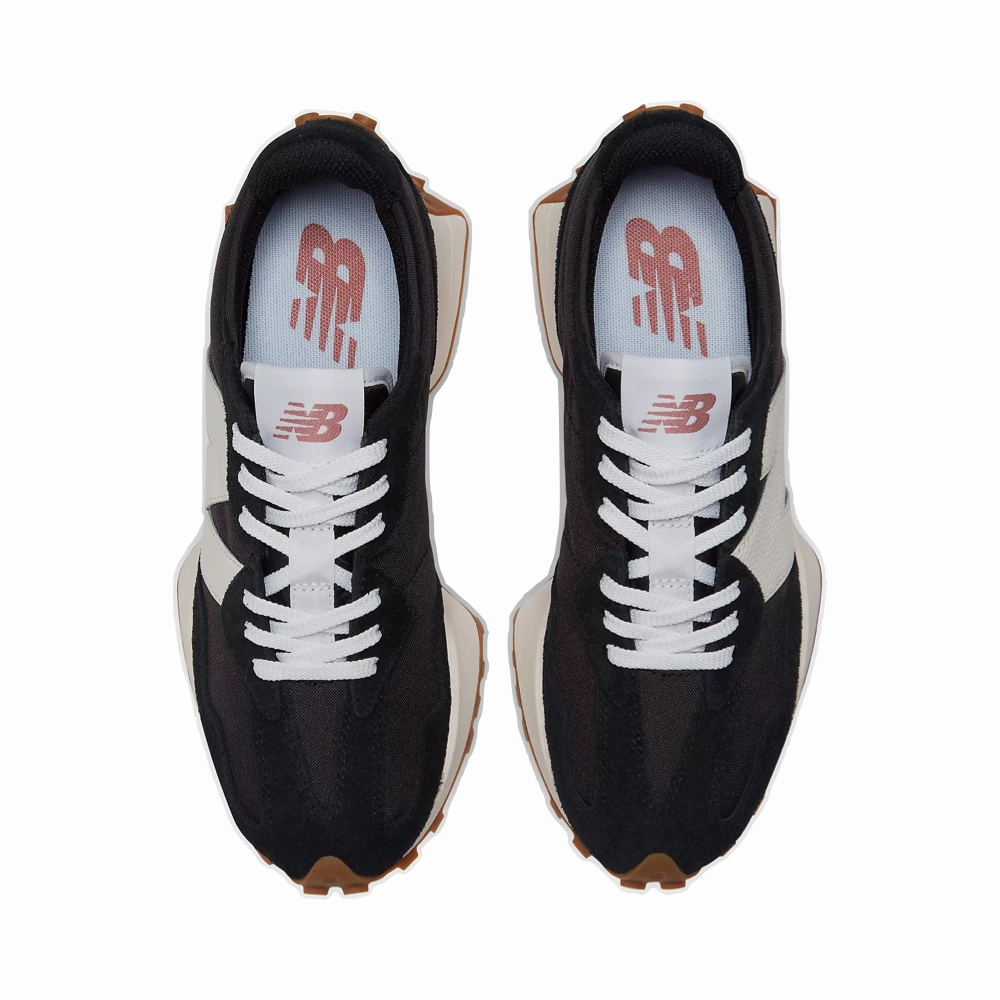 City Adventure New Balance Women's 327 Lifestyle Sneaker in Black with White and Mineral Red