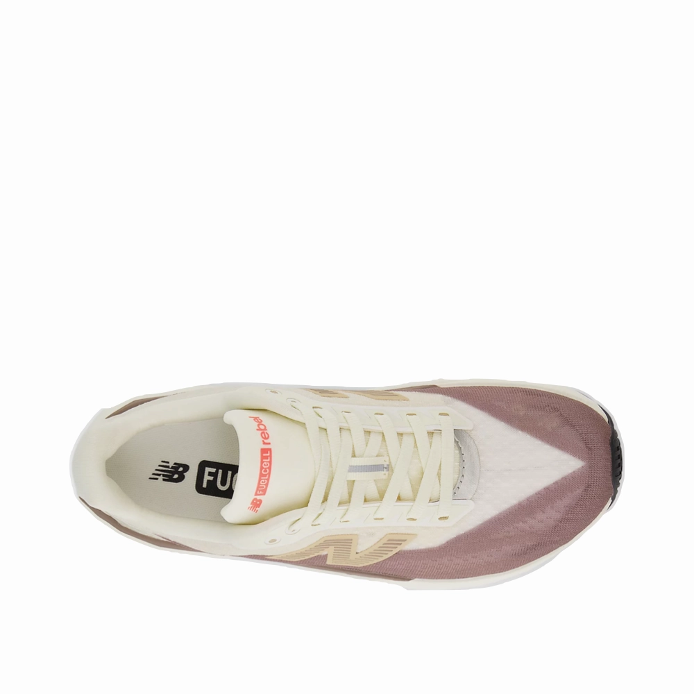 Wear resistant Streetwear Style New Balance Women's FuelCell Rebel v5 Sneaker in Angora with Earth Shadow and Sea Salt