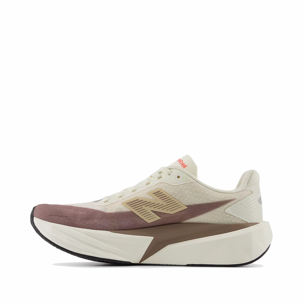 Timeless Feel No Tie Fit New Balance Women's FuelCell Rebel v5 Sneaker in Angora with Earth Shadow and Sea Salt