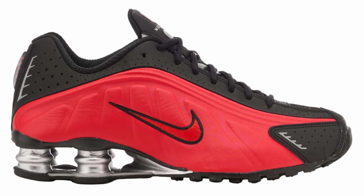running on gravel shoes toe - spring shoes Nike Shox R4 University Red Black Metallic Silver