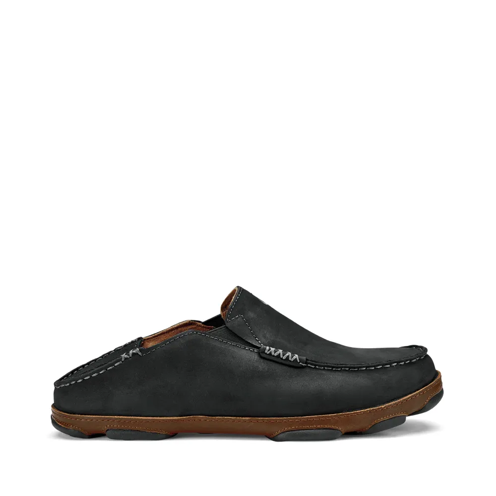 OluKai Men's Moloa Moc Leather Slip On Shoes in Black Knit Design