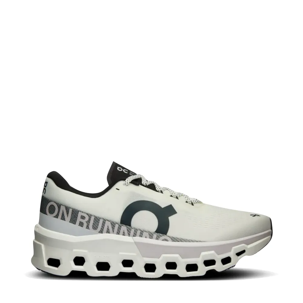 On Men's Cloudmonster 2 Sneaker in Undyed/Frost Foot alignment running in stadium tracks shoes