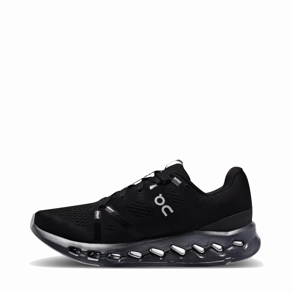On Women's Cloudsurfer Running Sneaker in All Black Strong Stride