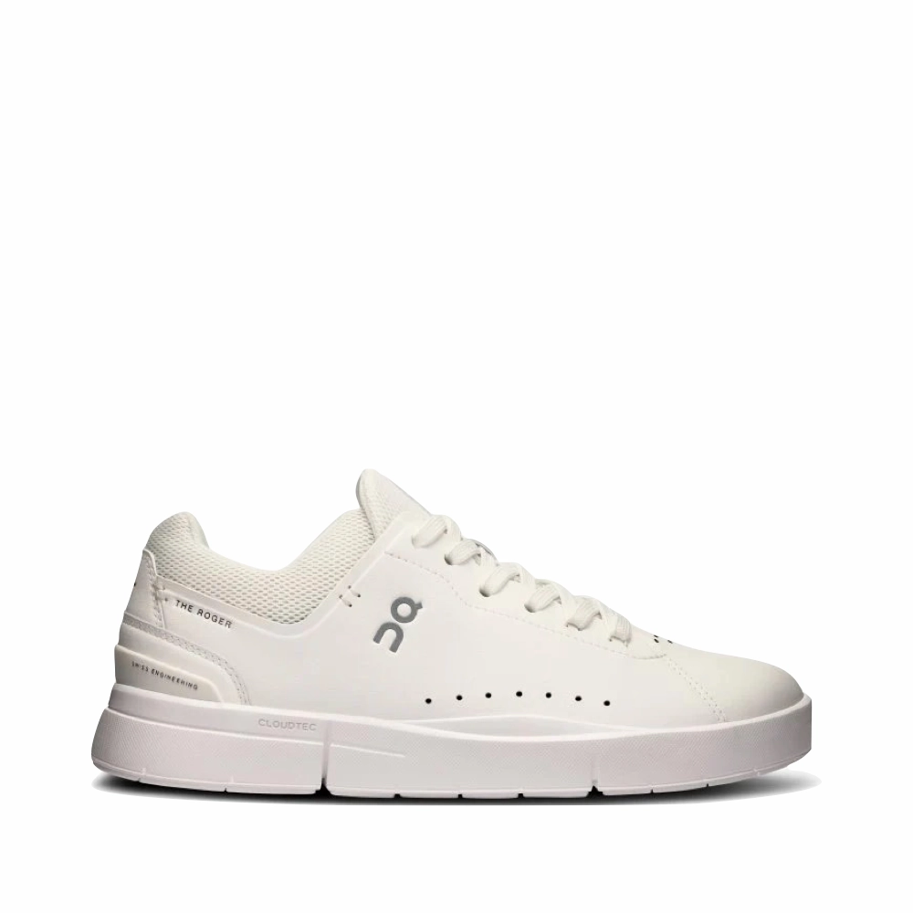 On Women's THE ROGER Advantage Sneaker in All White Harbor Stroll shoe style