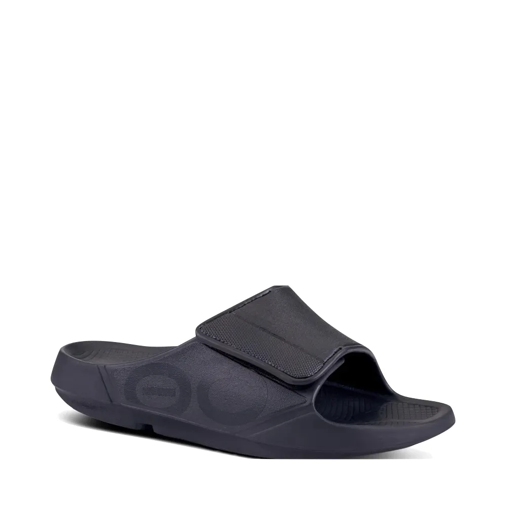 Step Support Chic Walk OOfos OOahh Sport Flex Adjustable Slide Sandal in Black