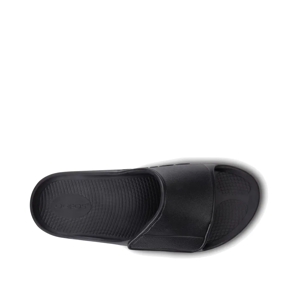 Quick Access Easy   wear OOfos OOahh Sport Flex Adjustable Slide Sandal in Black