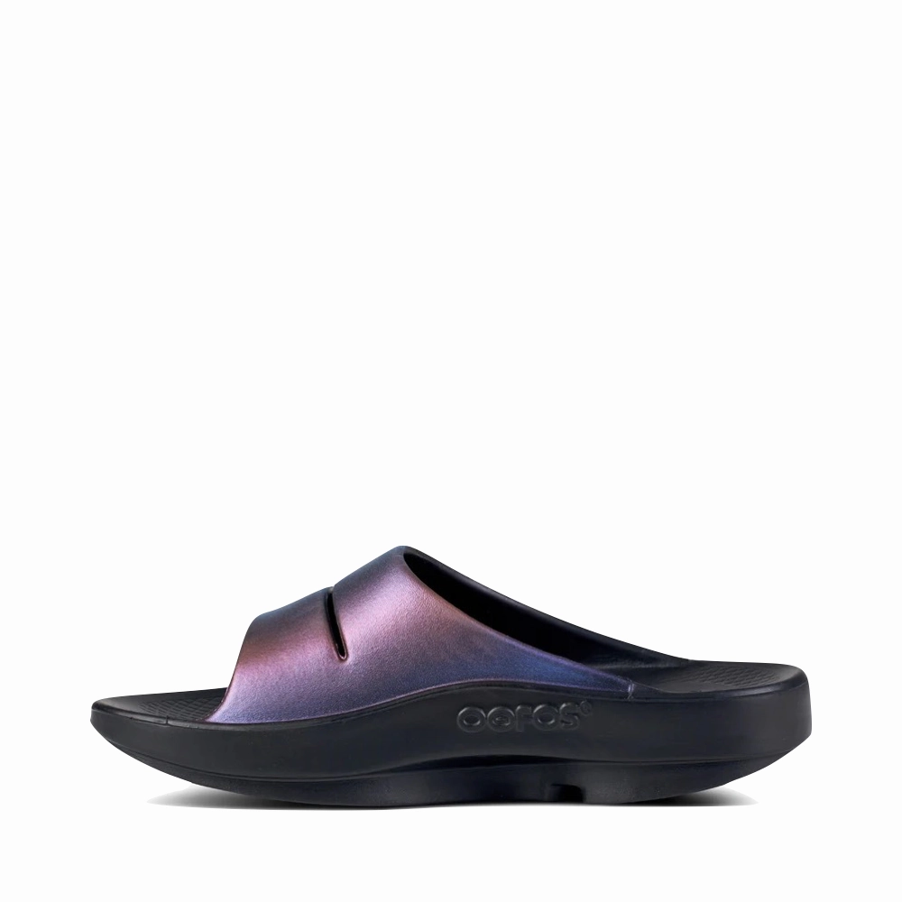 OOfos OOahh Luxe Slide Sandal in Midnight Spectre Outdoor Ready Flat Base