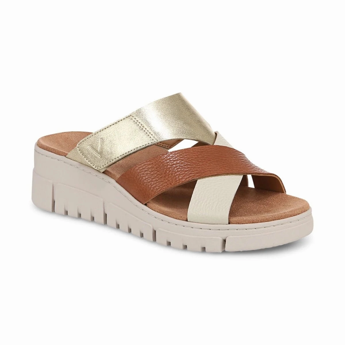 Breathable Material Vionic Women's Uptown Sunset Leather Slide Wedge Sandal in Tan