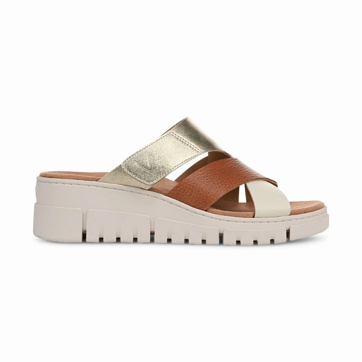 Medium Heel Modern workwear Vionic Women's Uptown Sunset Leather Slide Wedge Sandal in Tan