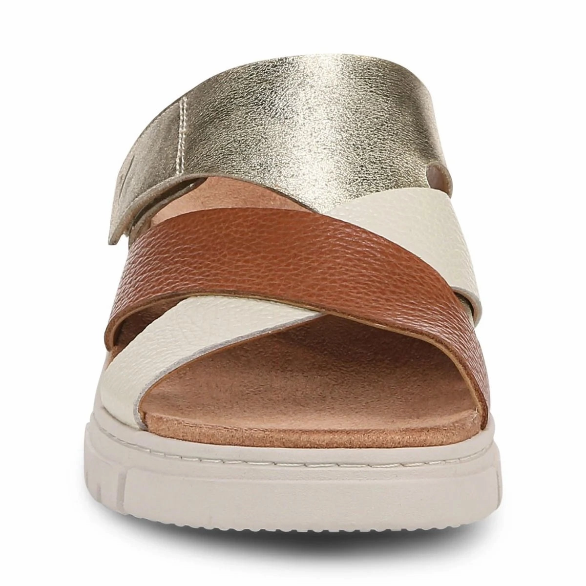 Lift Help Luxurious Footwear Vionic Women's Uptown Sunset Leather Slide Wedge Sandal in Tan