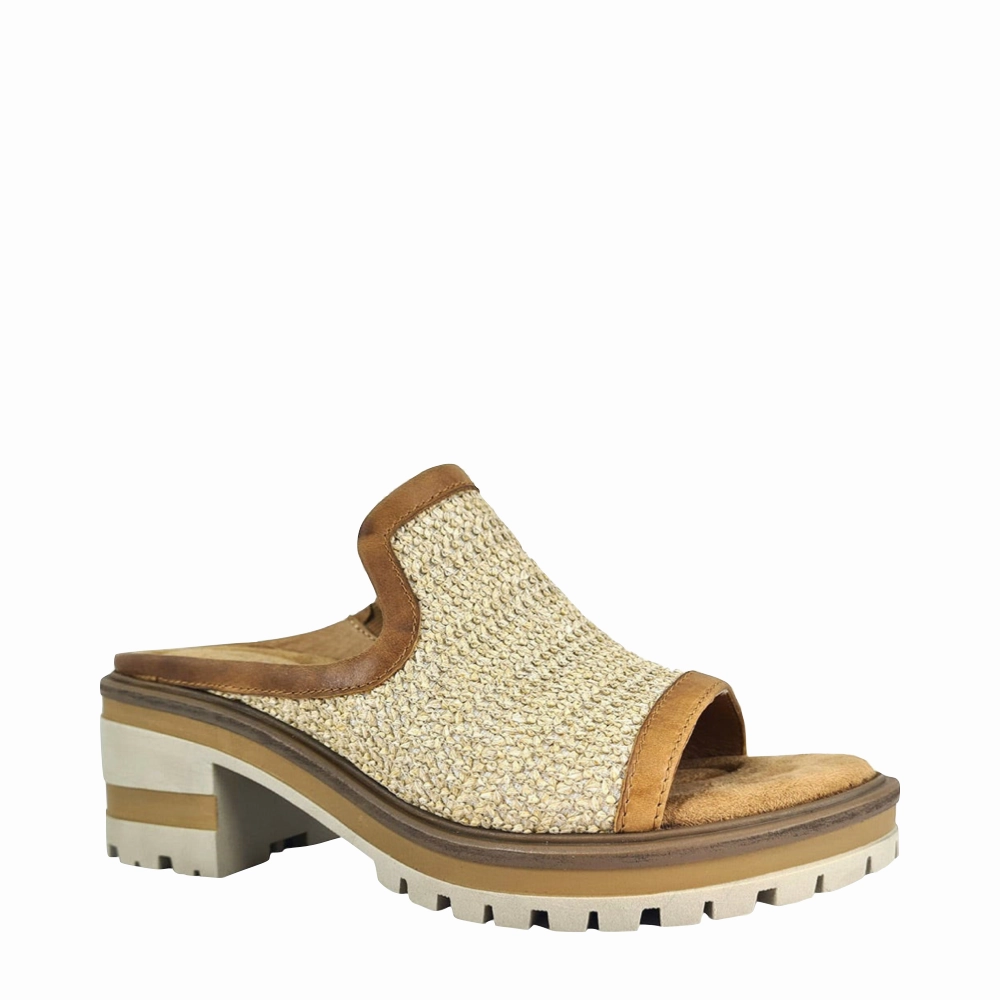 Neutral Accent Exclusive Banquet Salvia Women's Harper X Heeled Slide Sandal in Raffia/Nutmeg