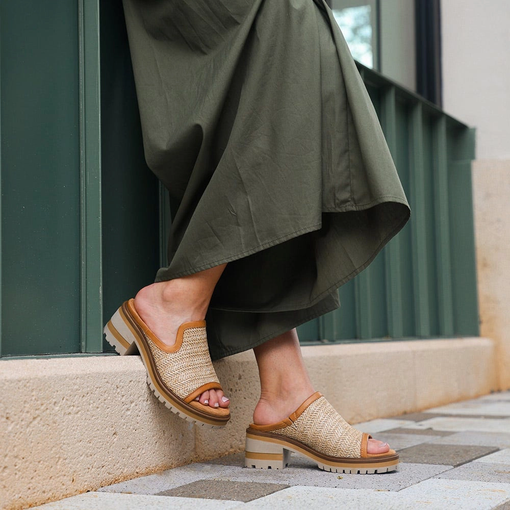 Silent Walk Subtle Finish Salvia Women's Harper X Heeled Slide Sandal in Raffia/Nutmeg